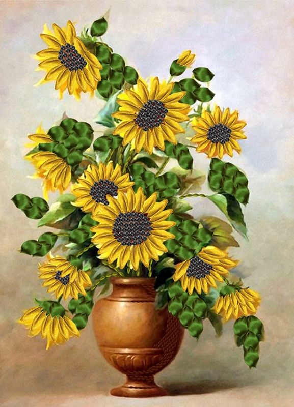 Набор для вышивания лентами «Подсолнухи в вазе», размер А3