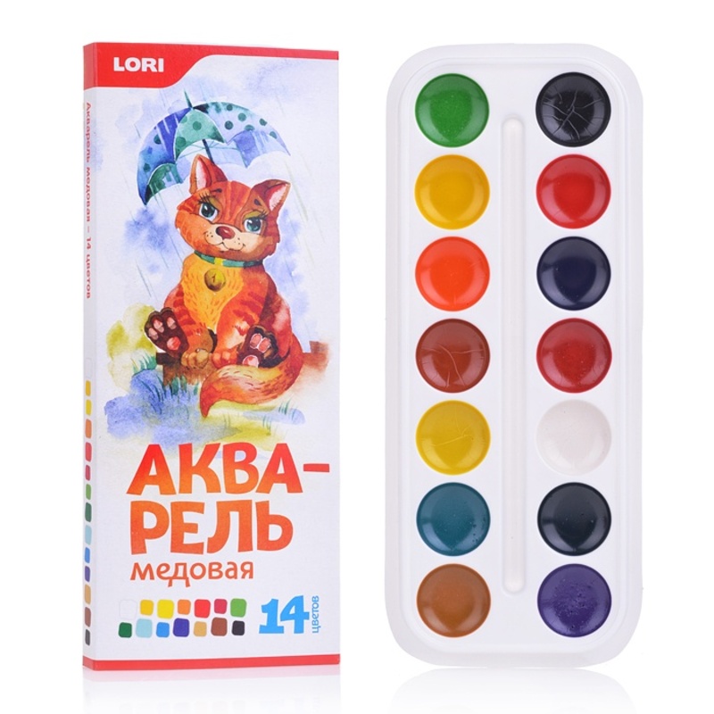Акварель медовая Lori без кисти, 14 цветов, картон